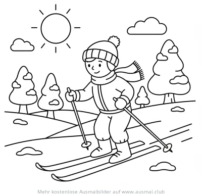 Langlaufender Junge in Winterlandschaft Ausmalbild