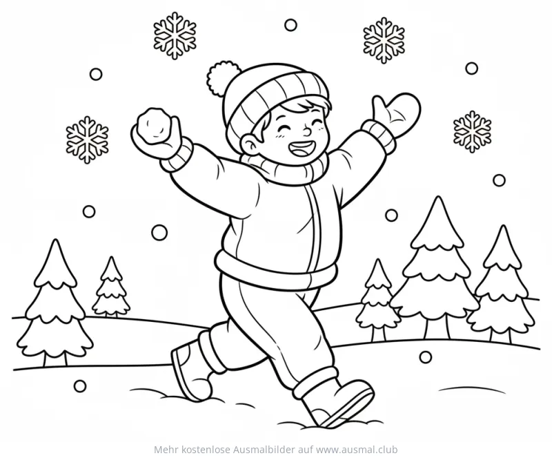 Kind mit Schneeball im Winterwald Ausmalbild