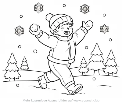 Kind mit Schneeball im Winterwald Ausmalbild