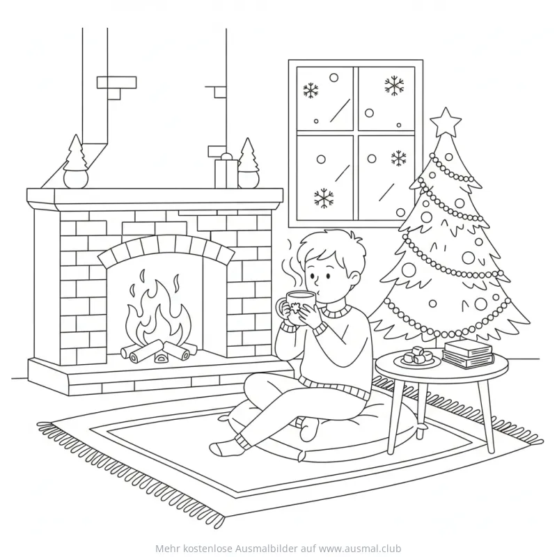 Junge trinkt Kakao am Kamin mit Weihnachtsbaum Ausmalbild