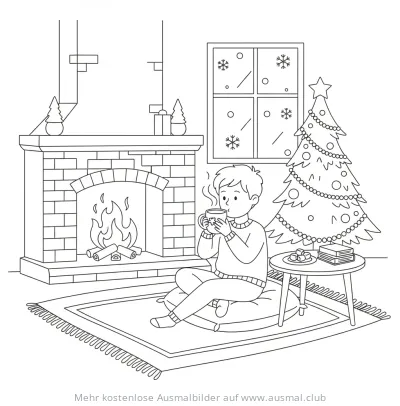 Junge trinkt Kakao am Kamin mit Weihnachtsbaum Ausmalbild