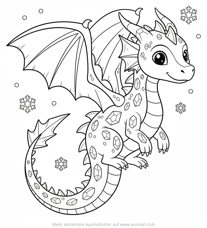 Niedlicher Eisdrache mit Eiskristallen und Schneeflocken Ausmalbild