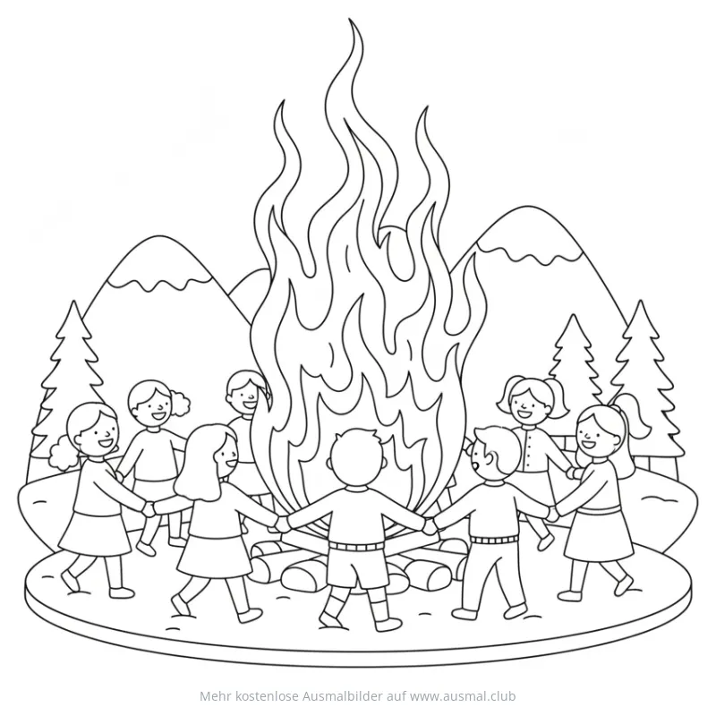 Eisfeuer mit Kindern im Kreis Ausmalbild