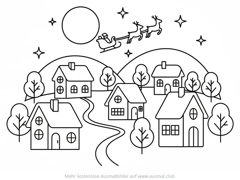 Winterdorf mit Weihnachtsmann und Rentierschlitten Ausmalbild