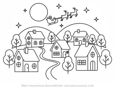 Winterdorf mit Weihnachtsmann und Rentierschlitten Ausmalbild