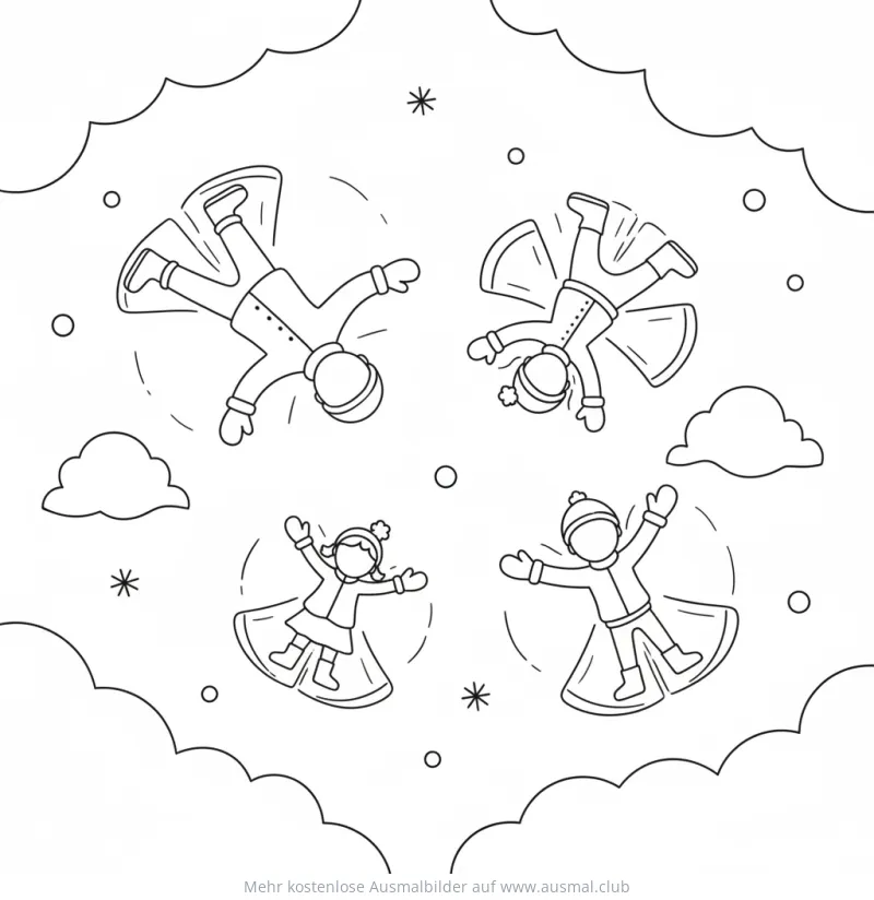 Vier Kinder machen Schneeengel Ausmalbild
