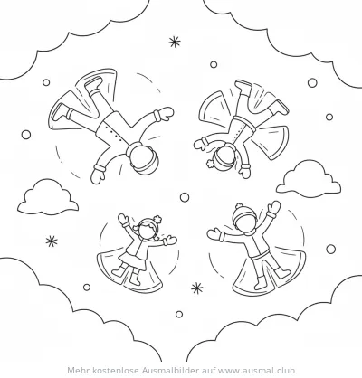 Vier Kinder machen Schneeengel Ausmalbild