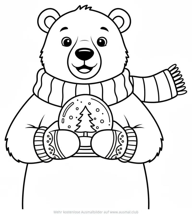 Eisbär mit Schal und Schneekugel Ausmalbild