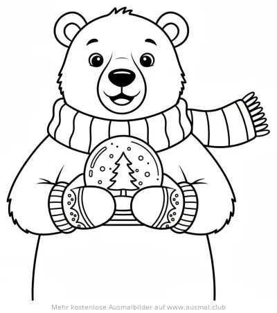 Eisbär mit Schal und Schneekugel Ausmalbild