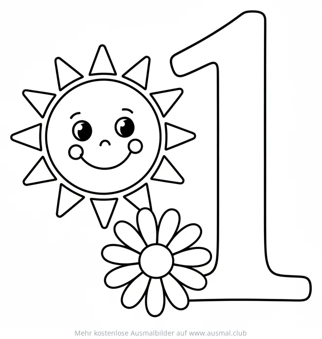 Sonne mit Ziffer 1 und Gänseblümchen Ausmalbild
