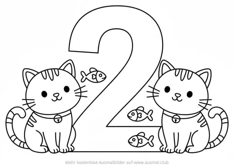 Zwei Katzen mit Ziffer 2 Ausmalbild