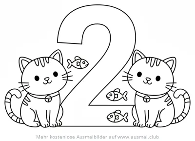 Zwei Katzen mit Ziffer 2 Ausmalbild