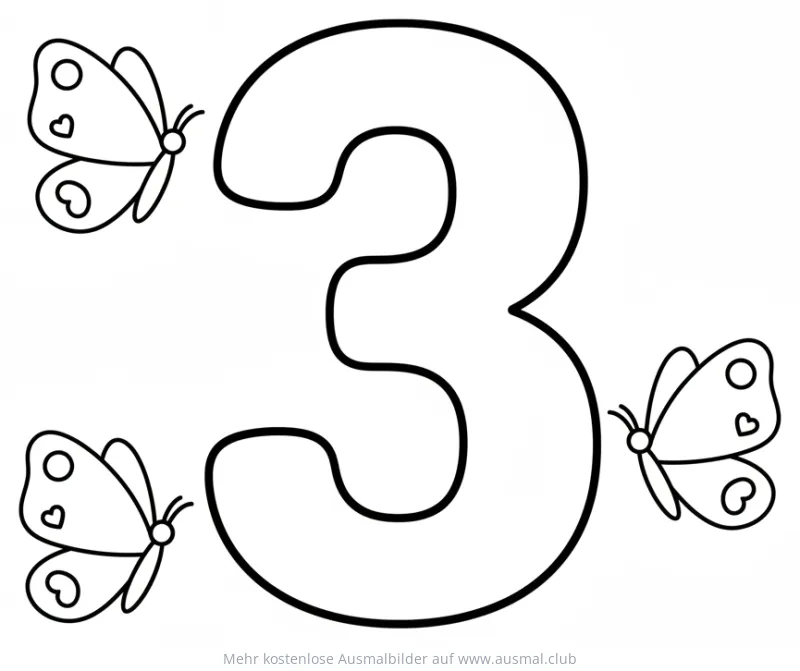 Drei Schmetterlinge mit Ziffer 3 Ausmalbild