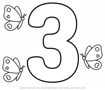 Drei Schmetterlinge mit Ziffer 3 Ausmalbild