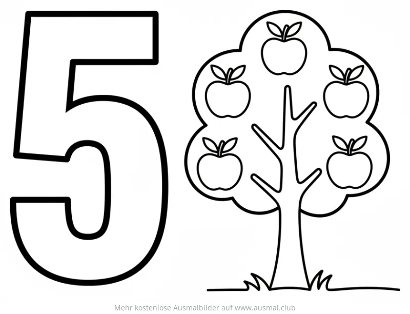 Fünf Äpfel am Baum Ziffer 5 Ausmalbild