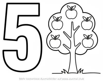 Fünf Äpfel am Baum Ziffer 5 Ausmalbild