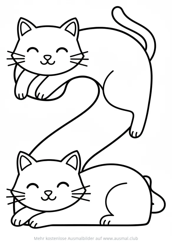 Zwei Katzen als Zahl 2 Ausmalbild