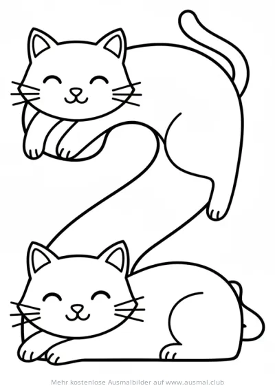 Zwei Katzen als Zahl 2 Ausmalbild