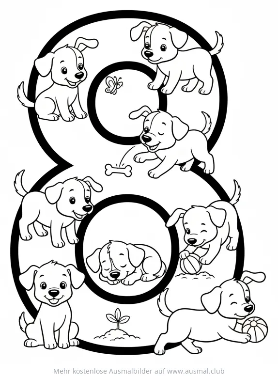 Acht Welpen mit Zahl 8 Ausmalbild