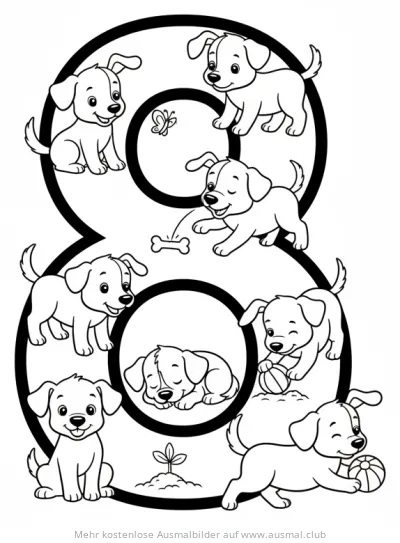 Acht Welpen mit Zahl 8 Ausmalbild
