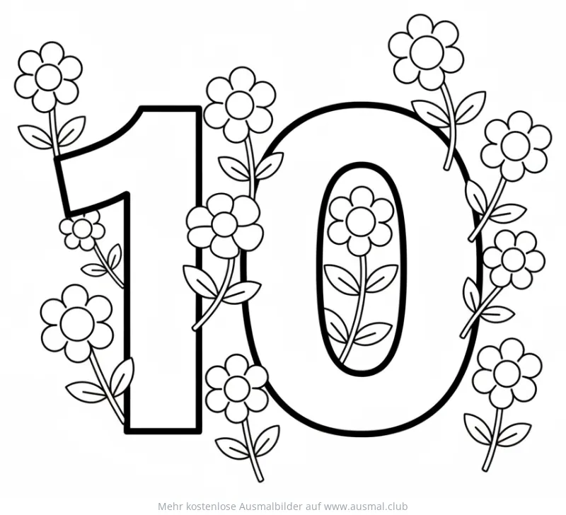 Zehn Blumen mit Zahl 10 Ausmalbild