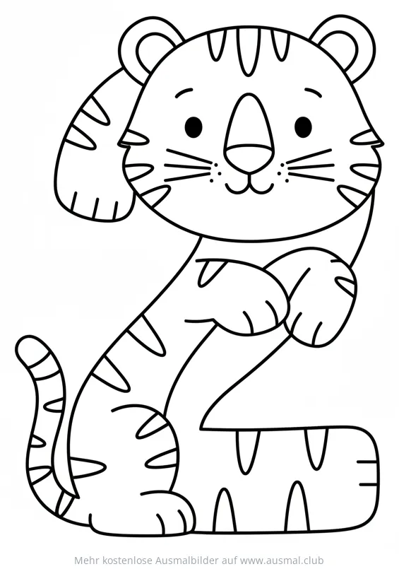 Tiger als Zahl Zwei Ausmalbild