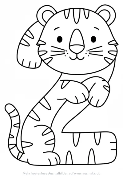 Tiger als Zahl Zwei Ausmalbild