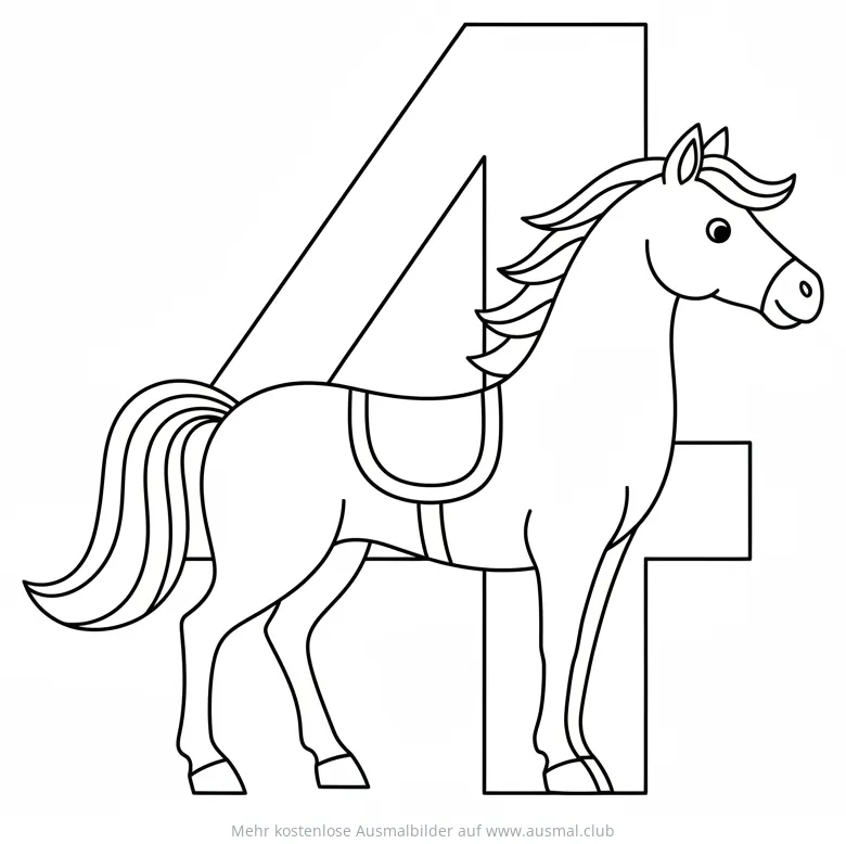 Pferd als Zahl Vier Ausmalbild