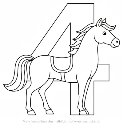 Pferd als Zahl Vier Ausmalbild