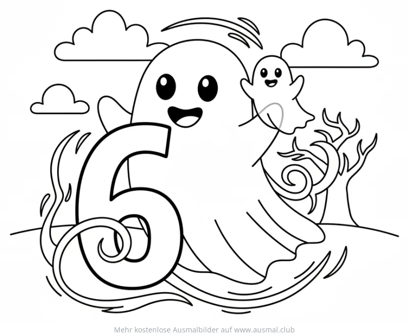 Geist mit Zahl Sechs Ausmalbild