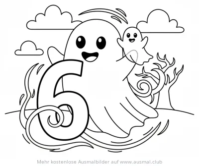 Geist mit Zahl Sechs Ausmalbild