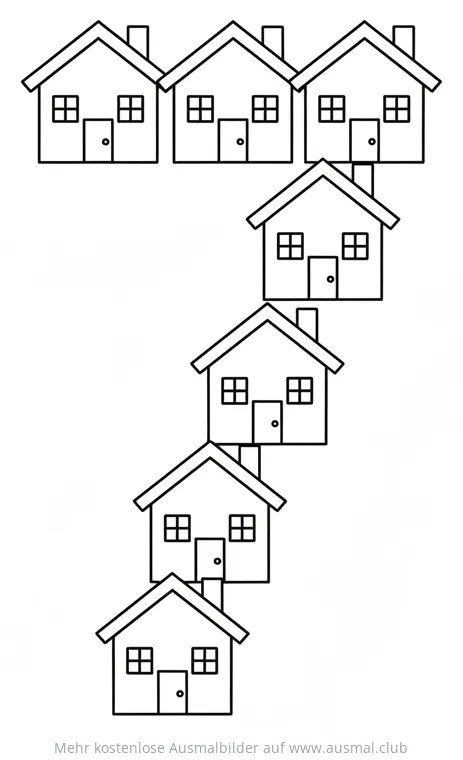Häuser als Zahl Sieben Ausmalbild