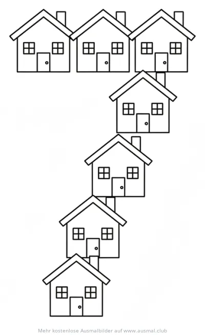 Häuser als Zahl Sieben Ausmalbild