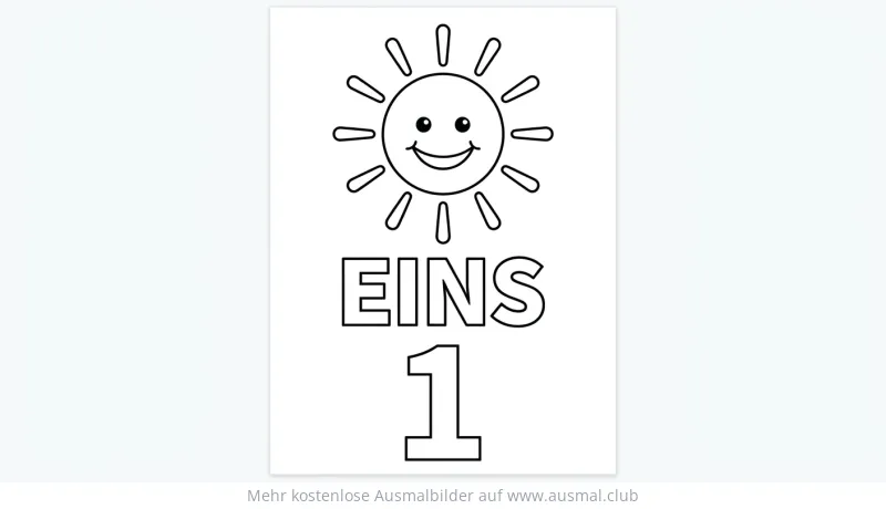 Ziffer Eins mit lachender Sonne Ausmalbild