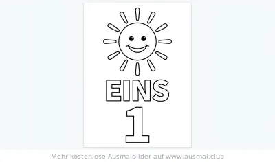 Ziffer Eins mit lachender Sonne Ausmalbild