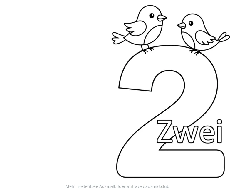 Ziffer Zwei mit zwei Vögeln Ausmalbild