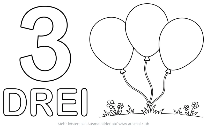 Ziffer Drei mit drei Luftballons Ausmalbild