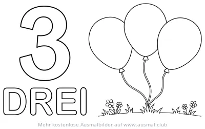 Ziffer Drei mit drei Luftballons Ausmalbild