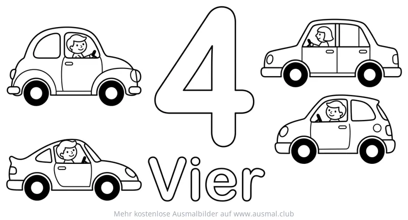 Ziffer Vier mit vier Autos Ausmalbild