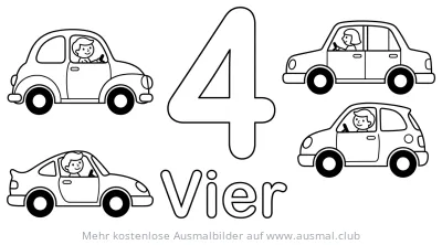Ziffer Vier mit vier Autos Ausmalbild