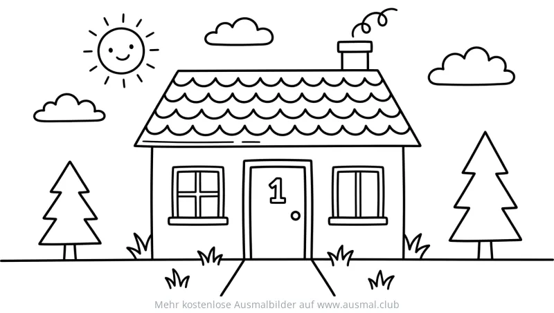 Haus mit der Zahl 1 auf der Tür Ausmalbild