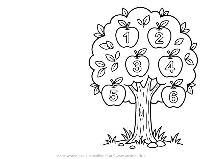 Apfelbaum mit nummerierten Äpfeln Ausmalbild