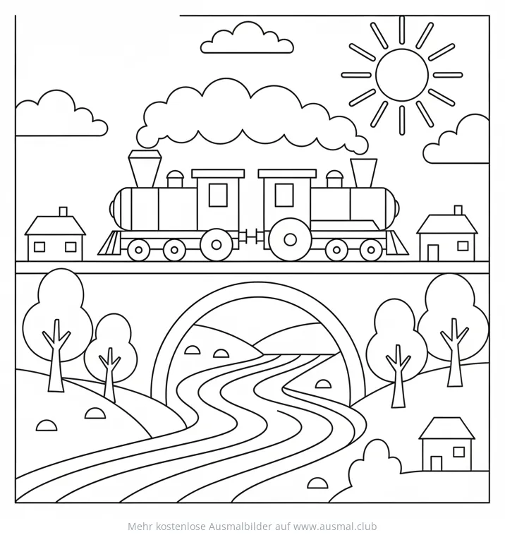 Zug auf Brücke Ausmalbild mit Landschaft