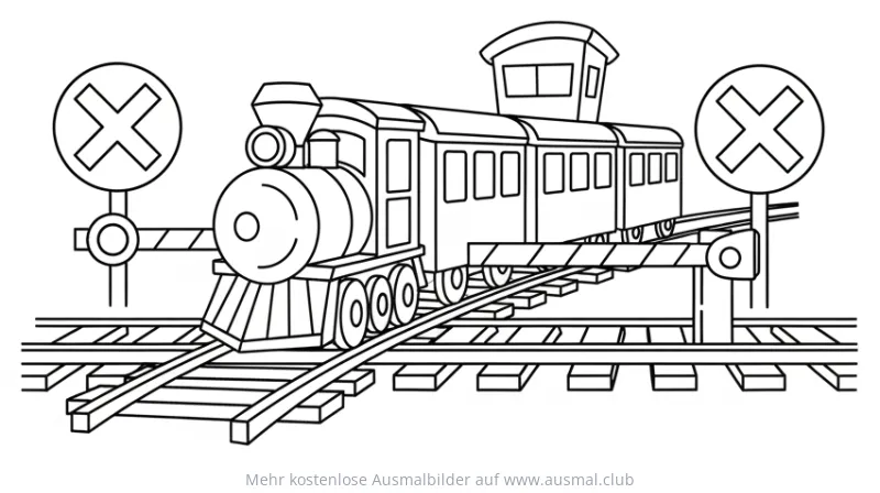 Zug am Bahnübergang Ausmalbild