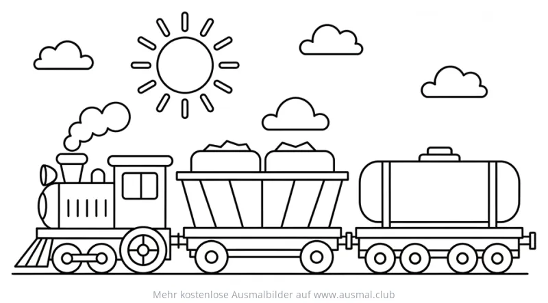 Güterzug mit Waggons unter Sonne Ausmalbild