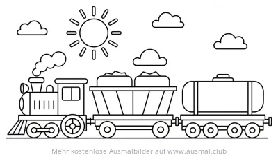 Güterzug mit Waggons unter Sonne Ausmalbild