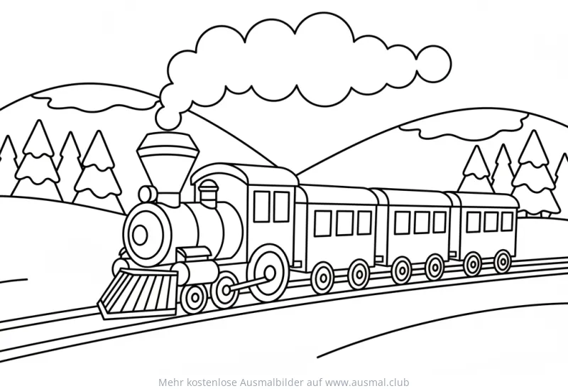 Winter Zug Ausmalbild mit verschneiter Landschaft