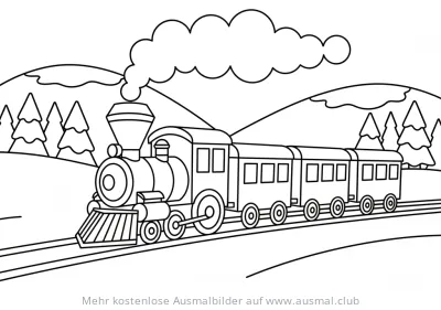 Winter Zug Ausmalbild mit verschneiter Landschaft