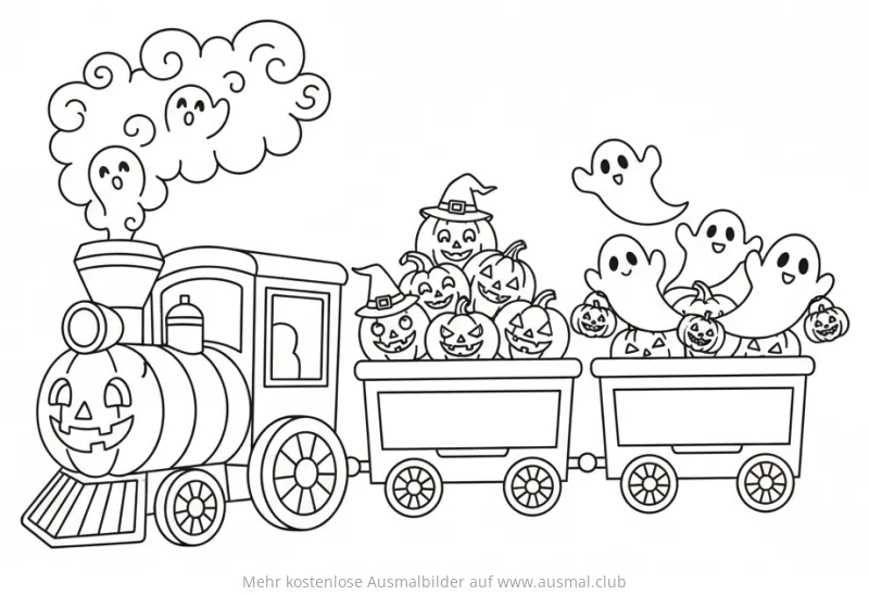 Halloween Zug mit Kürbissen und Geistern Ausmalbild
