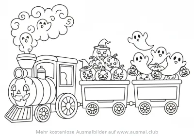 Halloween Zug mit Kürbissen und Geistern Ausmalbild